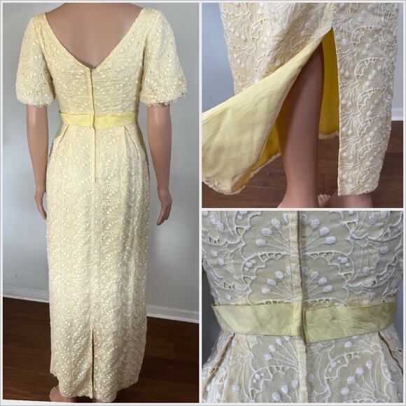 Vintage 60s Yellow‎ Eyelet Maxi Dress // Size XS - Picture 3 of 4